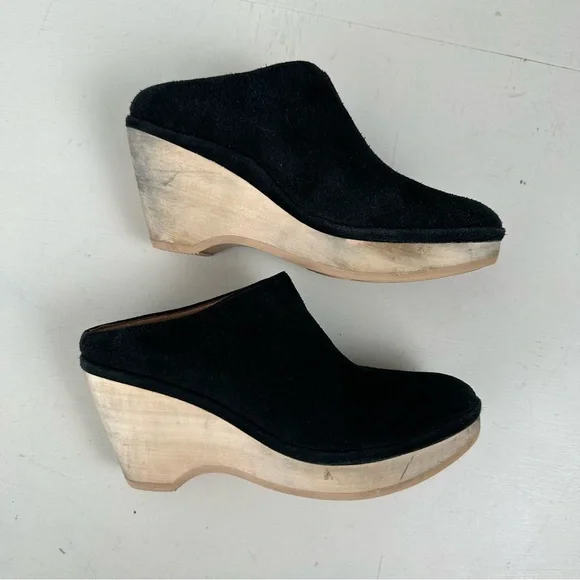 GENTLE SOULS- Skylar Wedge Mules Black Suede Leather Wood Block Heel